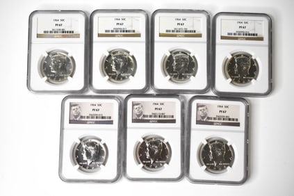 7 NGC Graded 1964 90% Silver Kennedy Half Dollars
