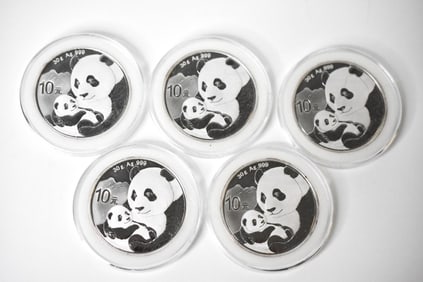 5 2019 Chinese 10 Yuan Panda 1 Oz Silver Rounds
