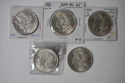 5 1921 Morgan Morgan Silver Dollars