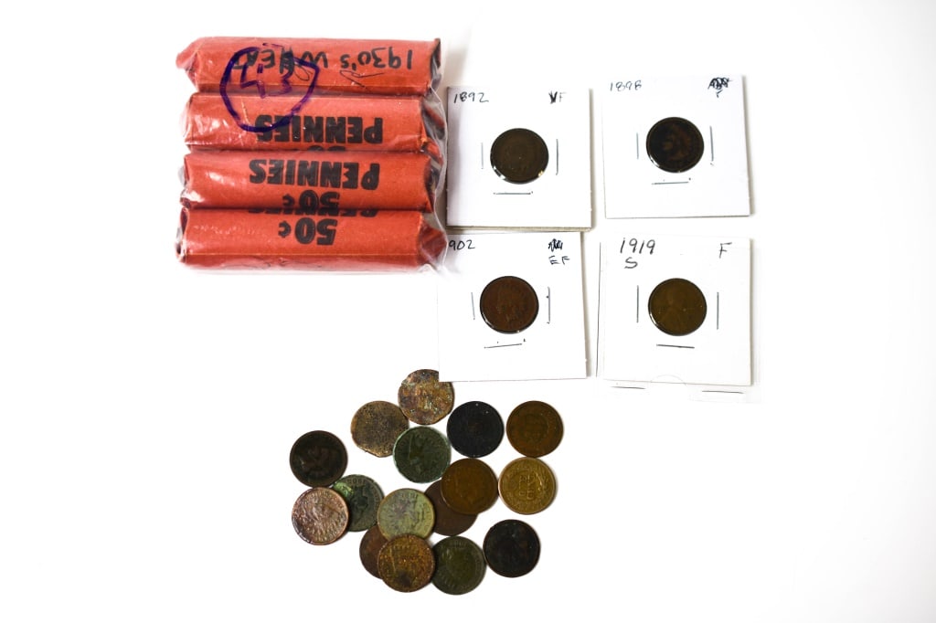 Flying Eagle Indian & Lincoln Wheat Pennies: 1857 is damaged cleaned. 6 Indian heads are dateless and well worn damaged examples. Dates are 1887, 1902, 1909 damaged, 1882, 1907 green in color liberty is readable, 1898, 1890, 1900, 1902, 1898, 18