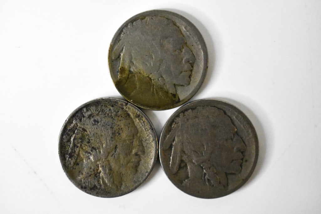 1913 p d s Mound Type Buffalo Nickels: Date is readable on the Philly version.,pitted appearance on the obverse. Very dark on the reverse. Denver version the date shows wear. Scratches. Very little details remain on the buffalo, date on th