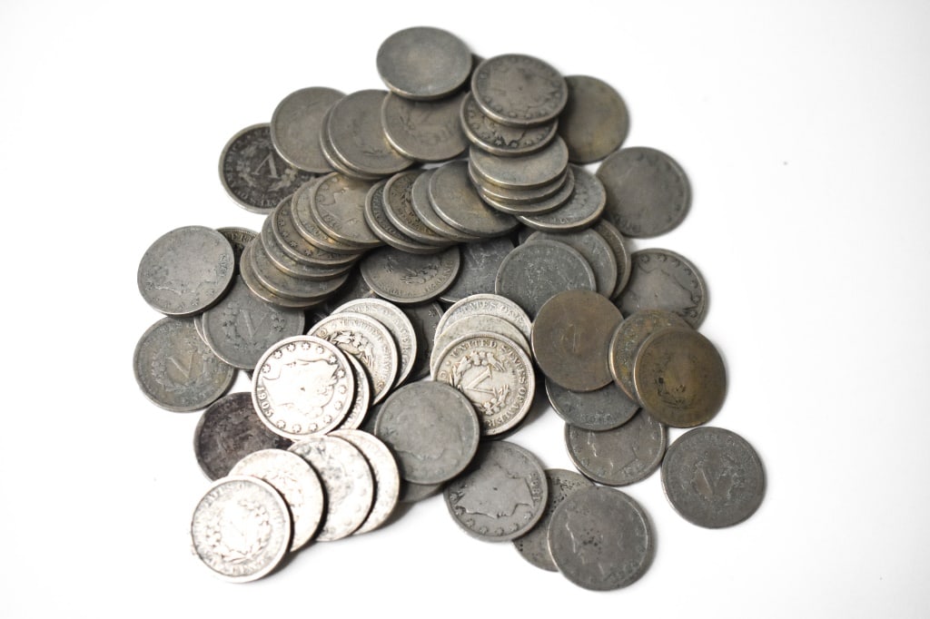 70 Liberty Head V Nickels: All are in circulated condition. Most will date from the 1890s to 1910s. No key dates.