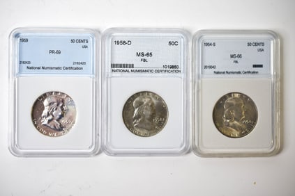 3 Graded Franklin Silver Half Dollars