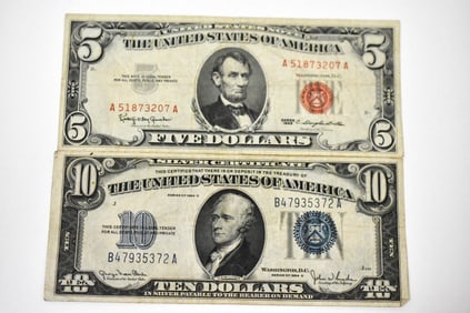 Pair of Sliver Notes Blue and Red Note $10 & $5