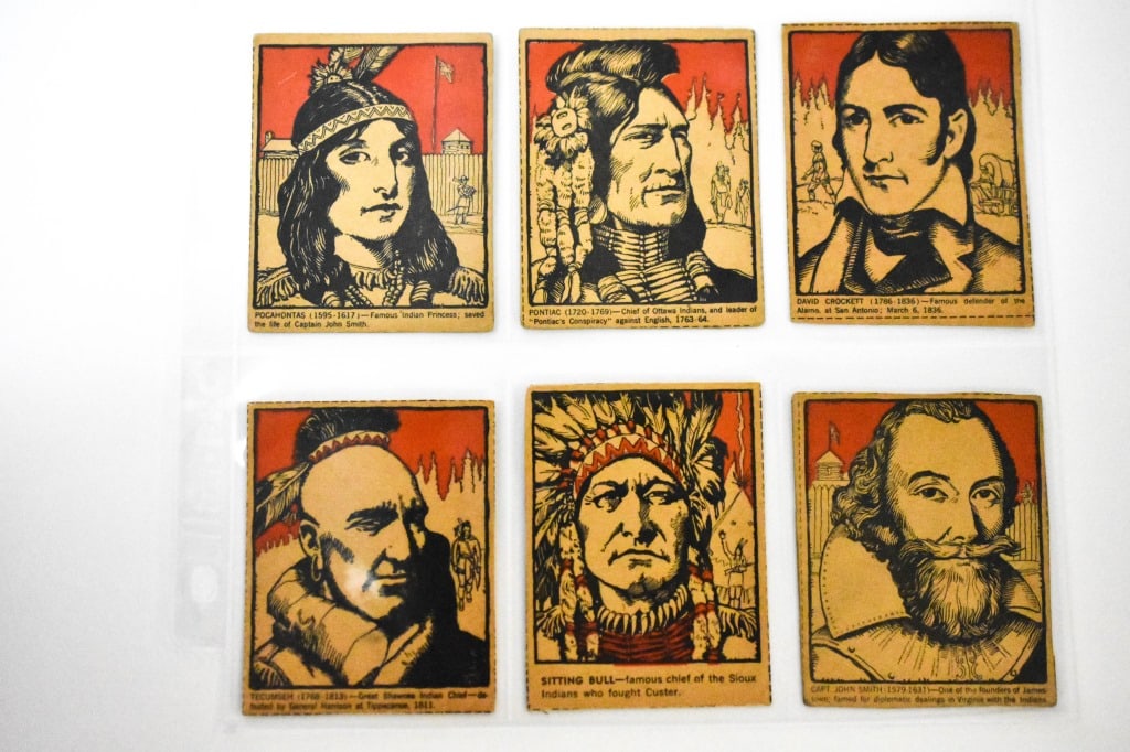 6 Post Cereal 1930s Famous North American Cards: Hand cut. Davy Crockett was written on the front upper left corner in pencil 5. Someone tried to erase it but the dentation is still there. Cards are cut closely to the lines. You have Pocahontas, Pon