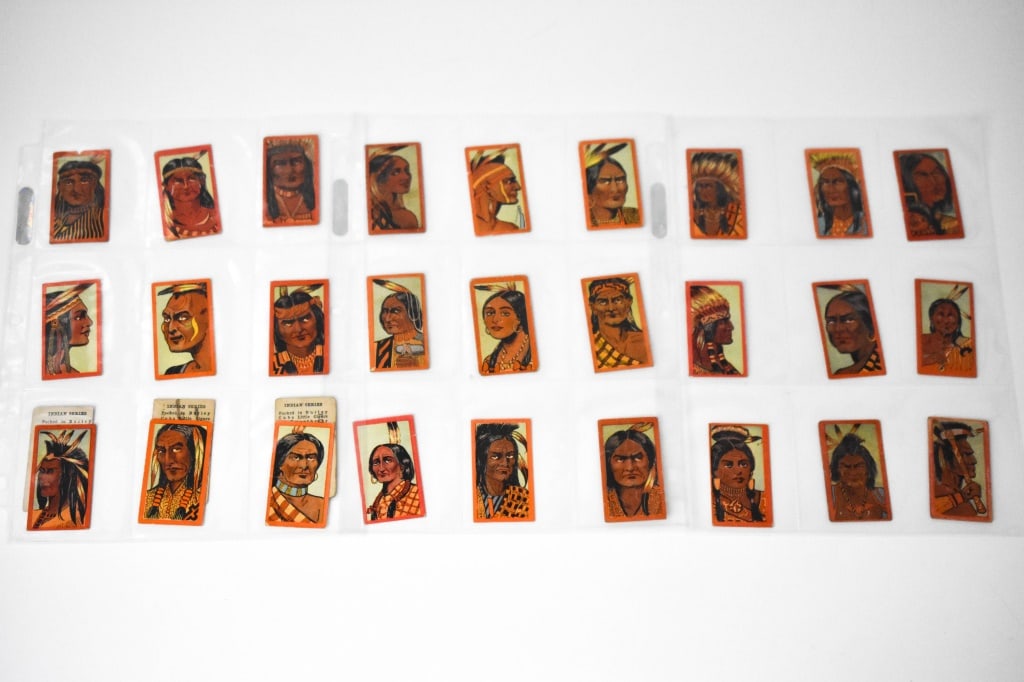 T74 Complete 30 Set Booker Tobacco Indian Series: Most of the cards show rounded corners and creasing. About 10 are written on the back in pencil for the amount they were sold for.