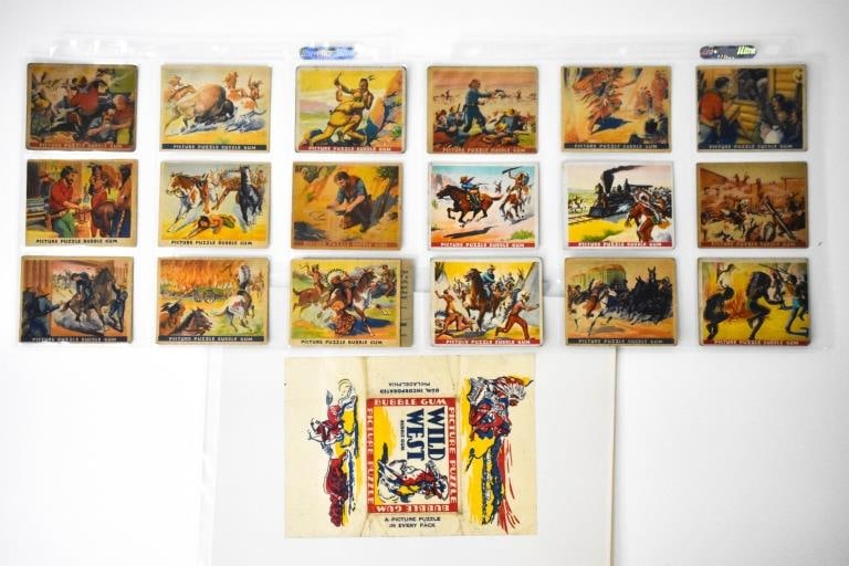 19 1933 Gum Wild West Cards w Wrapper: Card numbers are 3, 43,26,14,20,4,5,15,49,11,13,41,2,22 48 no puzzle, 34 no puzzle, 35 no puzzle, 40 and 38. Wax wrapper is folded out. Creases on the wrapper are seen. Cards can show corner wear, pap