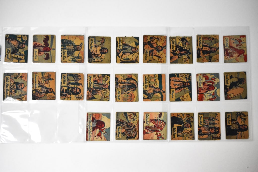 24 1930s Western Strip Cards: Cards were hand cut and some show rough edges. Other issues can be rounded corners, creases, off centering and general wear. Numbers are 101 to 124. Numbers 103, 105,118, 126 and 120 are black backs.