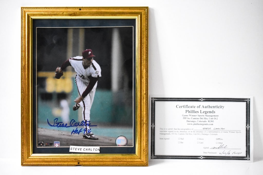 Steve Carlton Autographed 8 x 10 Photo: There is a xerox copy of a COA from Game Winner Sports Management. Photo was bought 2/22/08. I did a little searching and this company is known to be tied to Carlton. Steve signed it in blue marker wi