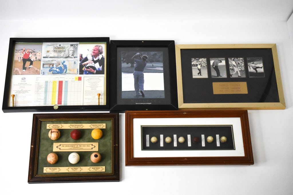 Football & Golf Man Cave Wall Displays: Replicas made for display purposes. History of American Football canvas is 36 x 12 inches. Golf balls are resin like copies. Some of the frames will have holes in them since they were screwed on the w