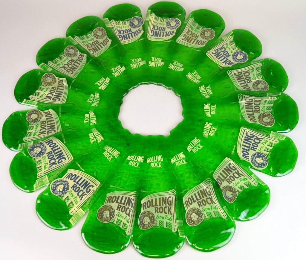 Modern Art Glass Tray: A Verde colored centerpiece, handmade from pressed glass beer bottles, local artist, measures 23 across."