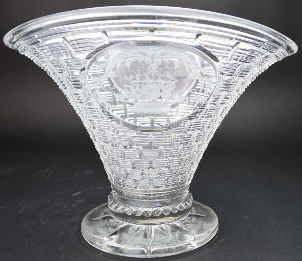 Val St. Lambert Trumpet Vase, Unsigned: Attributed to Val St. Lambert. Estate found gorgeous piece. Ground base, with vignettes.10 tall x 12.5" w, 10"d"
