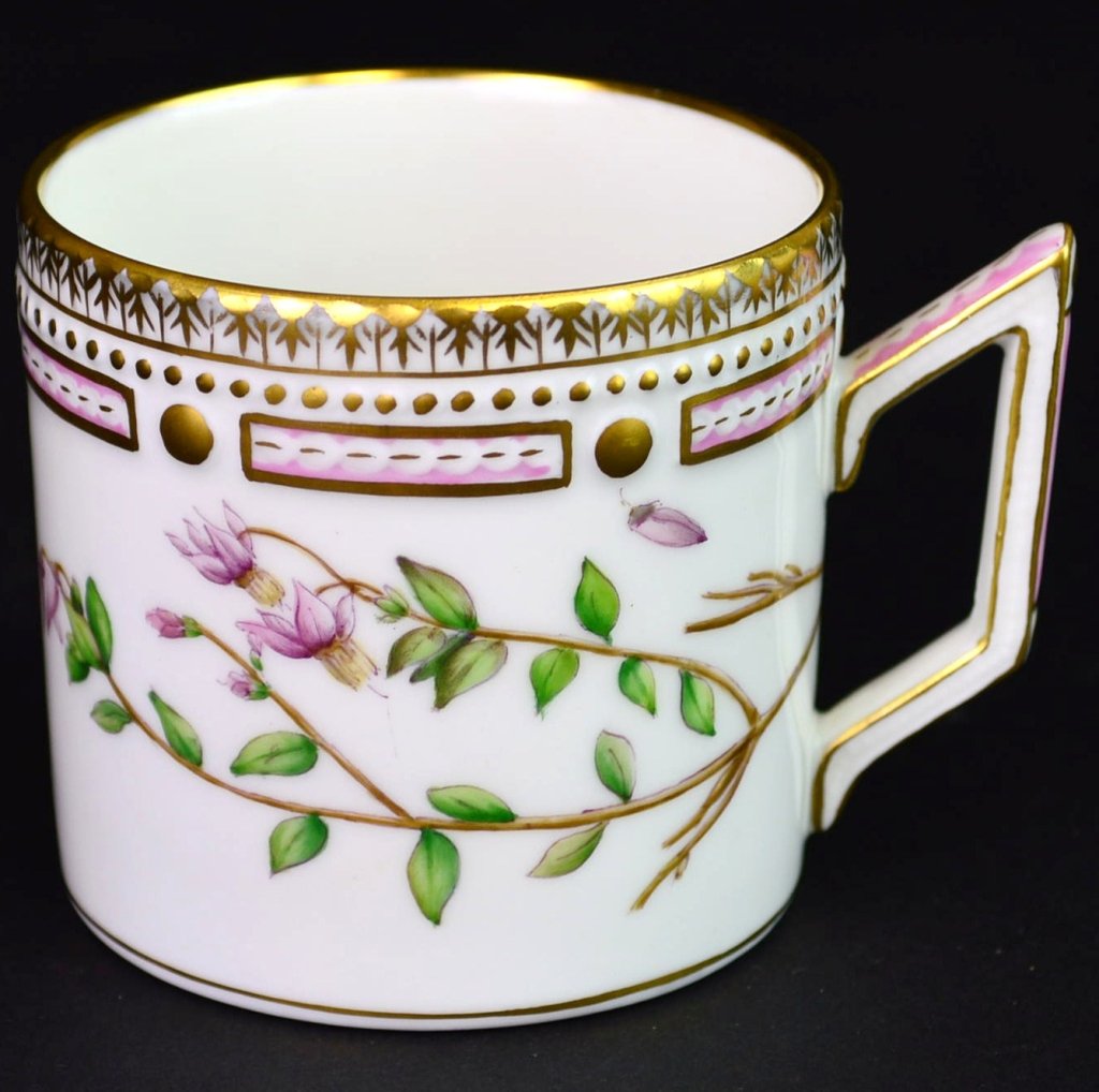 Royal Copenhagen Flora Danica Chocolate Cup: Inscribed to the bottom Oxycoccus palustris Rupr. Marks: ROYAL COPENHAGEN DENMARK (logo), (blue underglaze wave), 20 3513, measuring 2.5 tall by 3.5" wide"