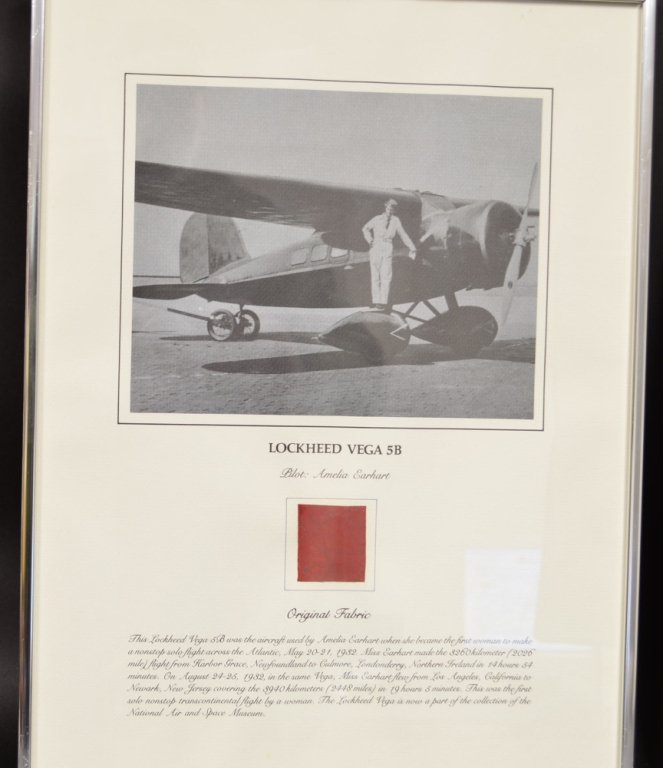 Original Amelia Earhart Plane Fabric Swatch Lot: Lot includes a fabric swatch from the Lockheed Vega 5B the Amelia Earhart used to make a non stop flight across the atlantic ocean in May 1932.