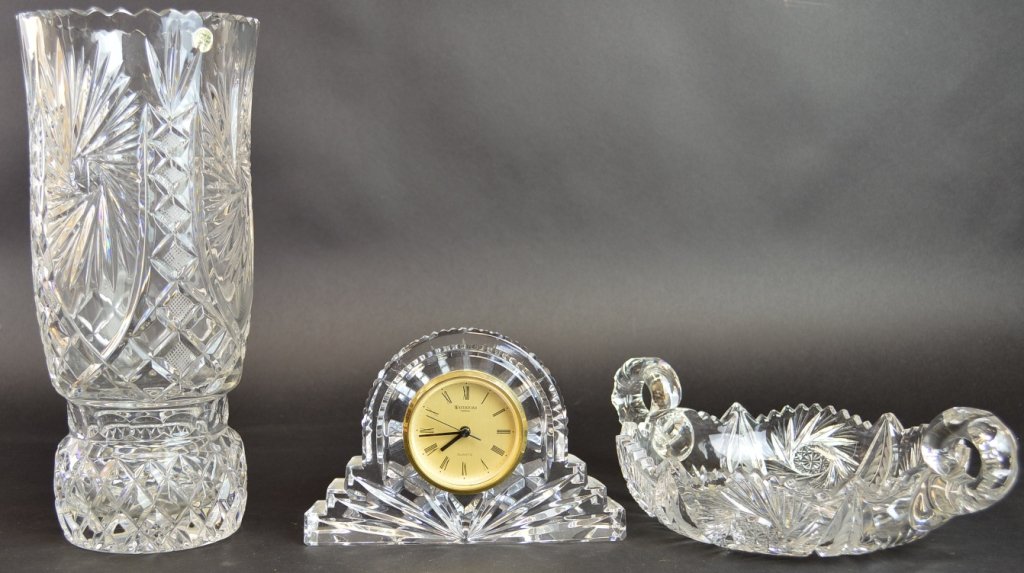 Waterford Crystal Lot: Lot Includes Soviet made Crystal vase, Waterford Crystal Mantle clock and crystal candy dish.
