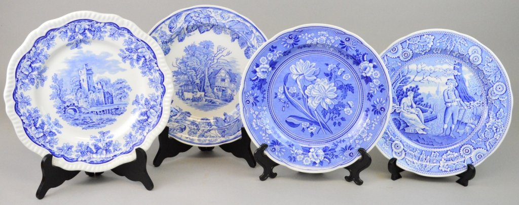 Spode Blue Room Collection China: Lot includes (4) Spode Blue room collection plates, inlcudes rural scenes", "ruins", botanical" and "woodman". plates are 10""