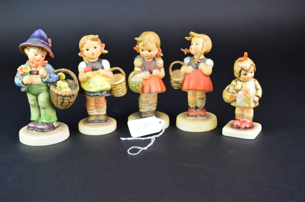 Hummel Lot: 1)378 Easter greetings 5 TMK 6, 2)98/2/0 Sister 4.5"TMK 2, 3)81/2/0 School Girl 4.5 TMK 2, 4) 479 I brought you a gift 4" TMK 7 with box, 5) Little Shopper 4.5" TMK 5"