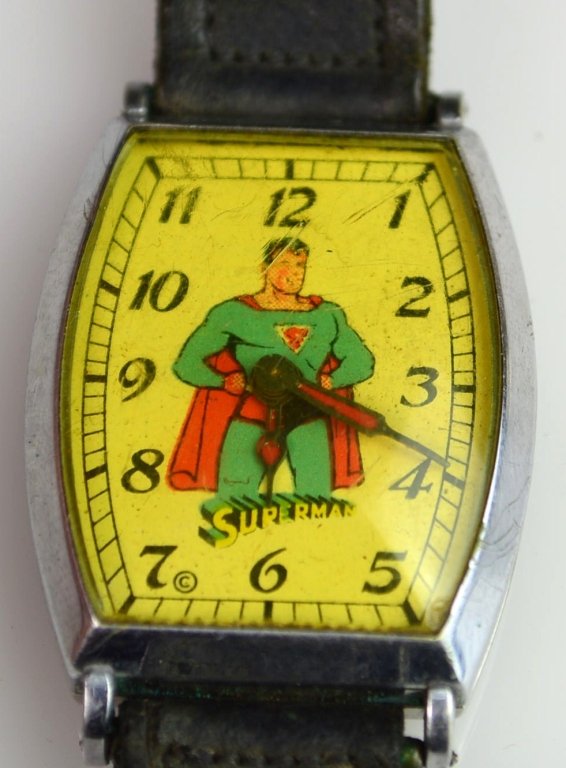 1948 New Haven Superman Wrist Watch: 1948 New Haven Superman Wrist Watch, 1 1/2 x 1 1/8" wide, missing winder, cool watch, but working condition unknown"