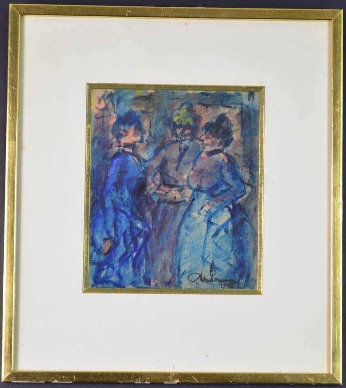 Leon Bonhomme Watercolor Three Women: Leon Bonhomme watercolor of 3 women. sdlr. measures 7:h x 6w viewable, 13.5"h x 12"w framed"