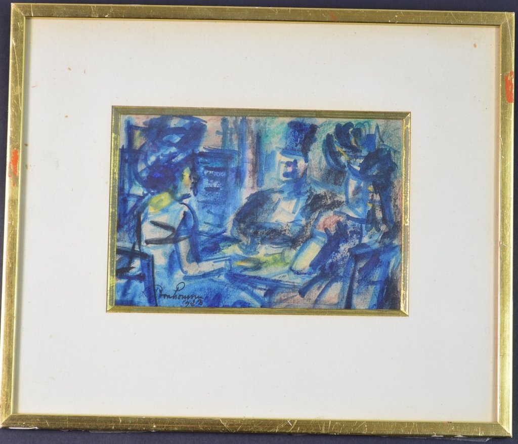 Leon Bonhomme Watercolor Two Ladies and Gentleman: Leon Bonhomme Watercolor 2 ladies and gentleman, sdll, measures 5h x 8"w viewable, 12"h x 14"w framed"