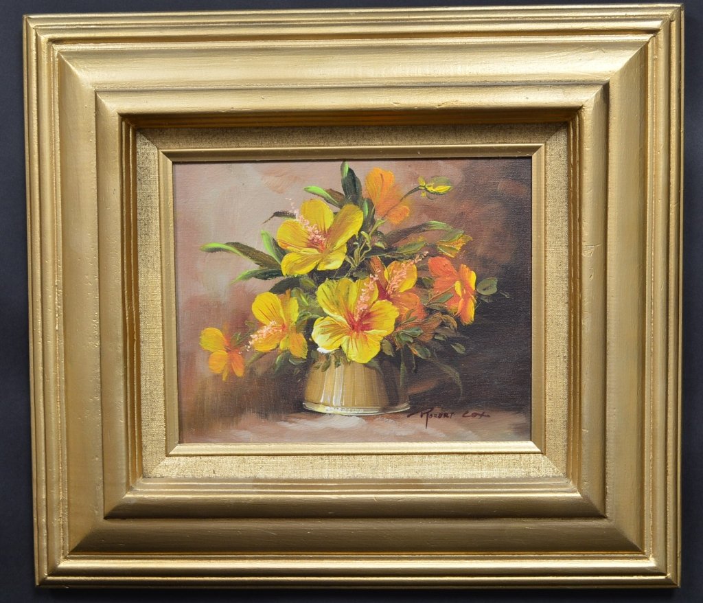 Robert Cox Floral Oil on Board: Robert Cox Floral Oil on board, SLR, measures 16'h x 18w framed, 8"h x 9.5"w viewable"