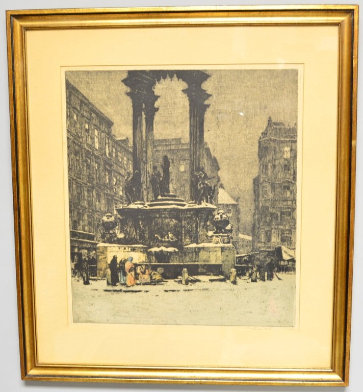 Luigi Kasimir Hand-colored Etching, Signed: Luigi Kasimir Hand-colored Etching, SLR, Titled Market Place in Vienna" dated 1915" The dimensions of the viewable portion of the print are 15.5"H x 14"W and framed is 21.5"H x 19.5"W.