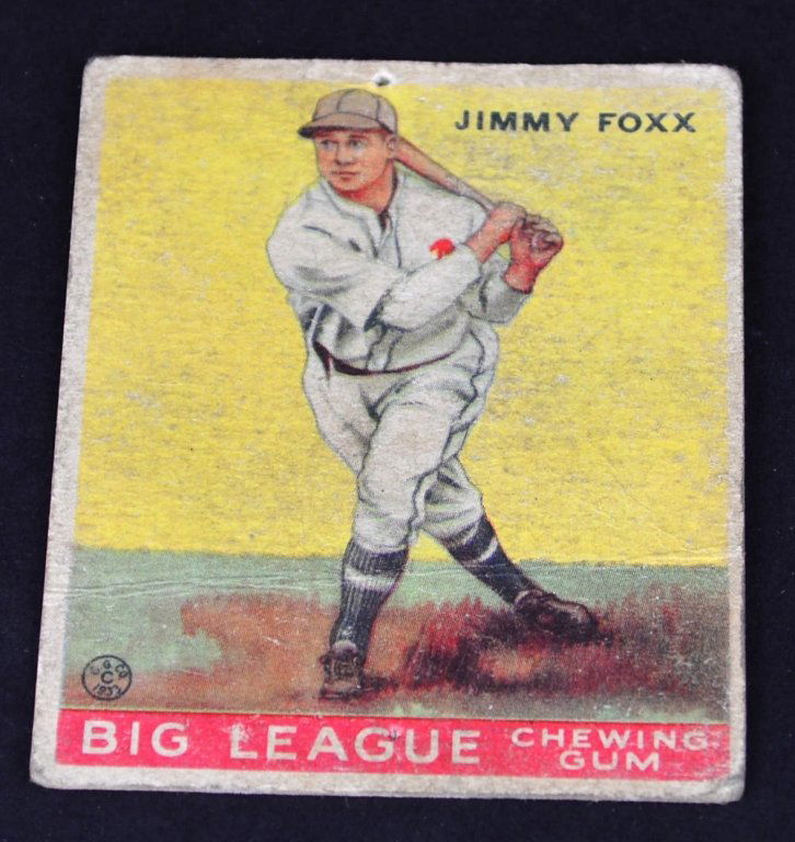 1933 Jimmy Foxx Big League Chewing Gum Card: 1933 Hall of Fame player Jimmy Foxx Big League Chewing gum Card. Back has damage.