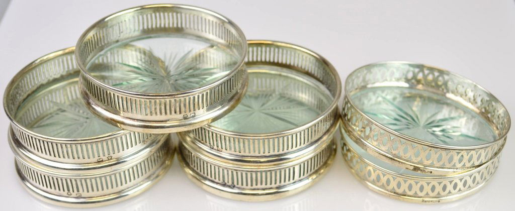 Sterling Silver Coaster Lot: (2) marked Sterling and (5) hallmarked, one has broken glass