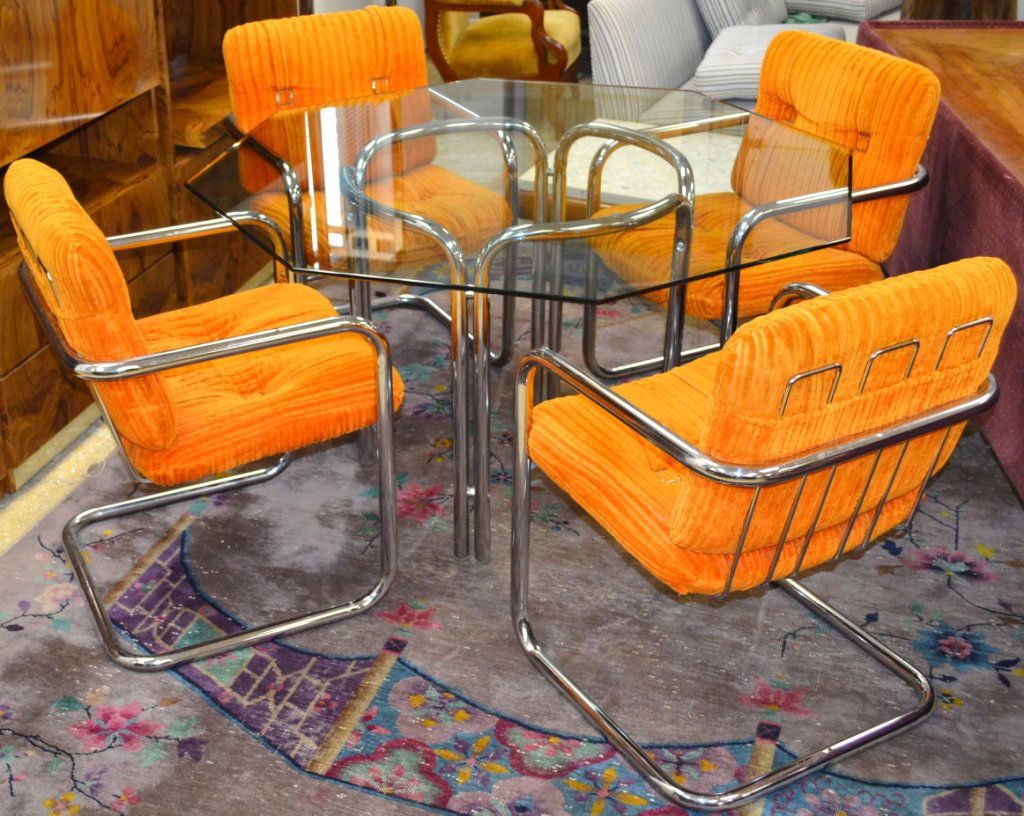Mid Century Modern Glass and Chrome Kitchen Table: Includes 4 chairs, measures 48" x 29"
