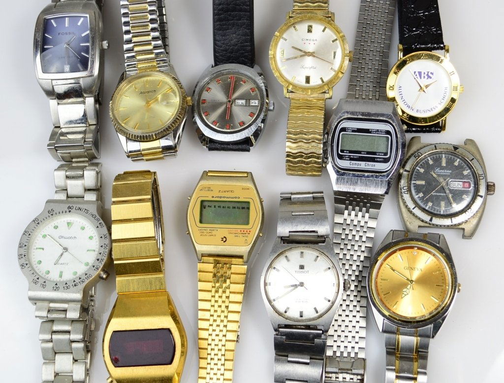 Assorted Mens Wristwatches: includes Geneva, Tissot, Fossil, timex, Cimeqa and others