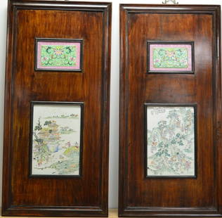 Pair Of Chinese Qing Plaques Yu Hong Bin: A nice pair of Qing Period tablets by Yu Hong Bin in Famille Rose, framed nicely as a pair with matching tablets above both. Painted scenes are landscapes with immortals. Measurements: Bottom panel: 1