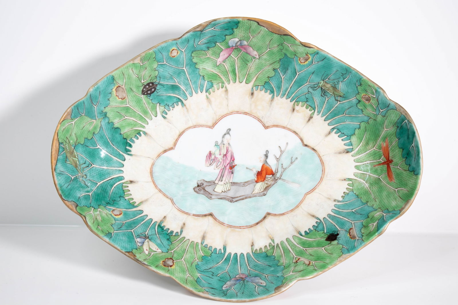 Antique Chinese Foot Pedestal Bowl (Daoguang Seal): A fine antique Chinese Daoguang Porcelain Footed Bowl (1821-1850), decorated with butterflies, grasshoppers, figures, other designs. This Chinese porcelain footed bowl is raised on a short pedestal an