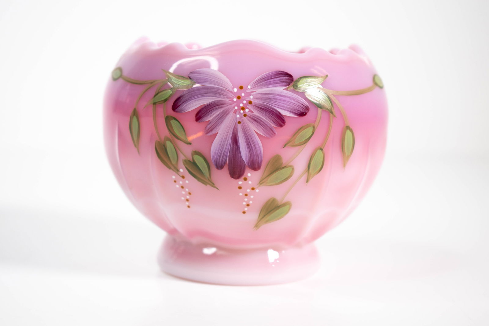 Vintage Fenton “Rosalene"? Glass Rose Bowl: Vintage Fenton "Rosalene"?? Glass Rose Bowl — Hand-Painted and Signed, Ruffled Rim (FE240)A lovely vintage Fenton Art Glass rose bowl in the delicate “Rosalene?? pink hue, distinguished by its ruf