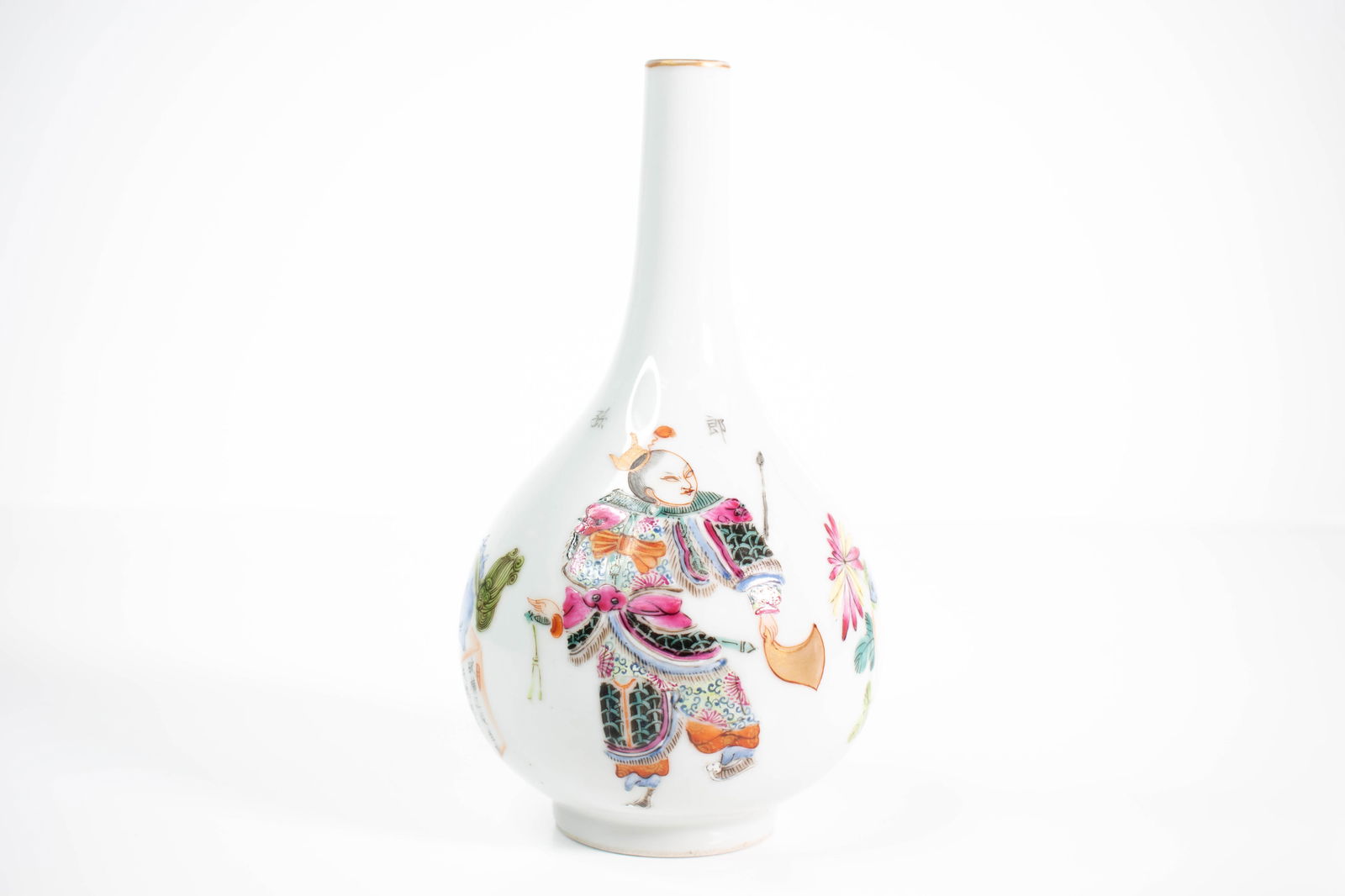 Chinese Porcelain Vase with Figures Daoquang: A Chinese porcelain vase of elongated baluster form with a tall, narrow neck and rounded body, decorated in polychrome enamels. The exterior features figural scenes depicting robed figures, animals, f