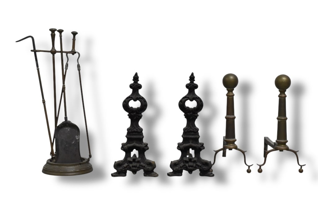 Antique Andirons & Fireplace Implements: Chippendale Andirons, tools and more