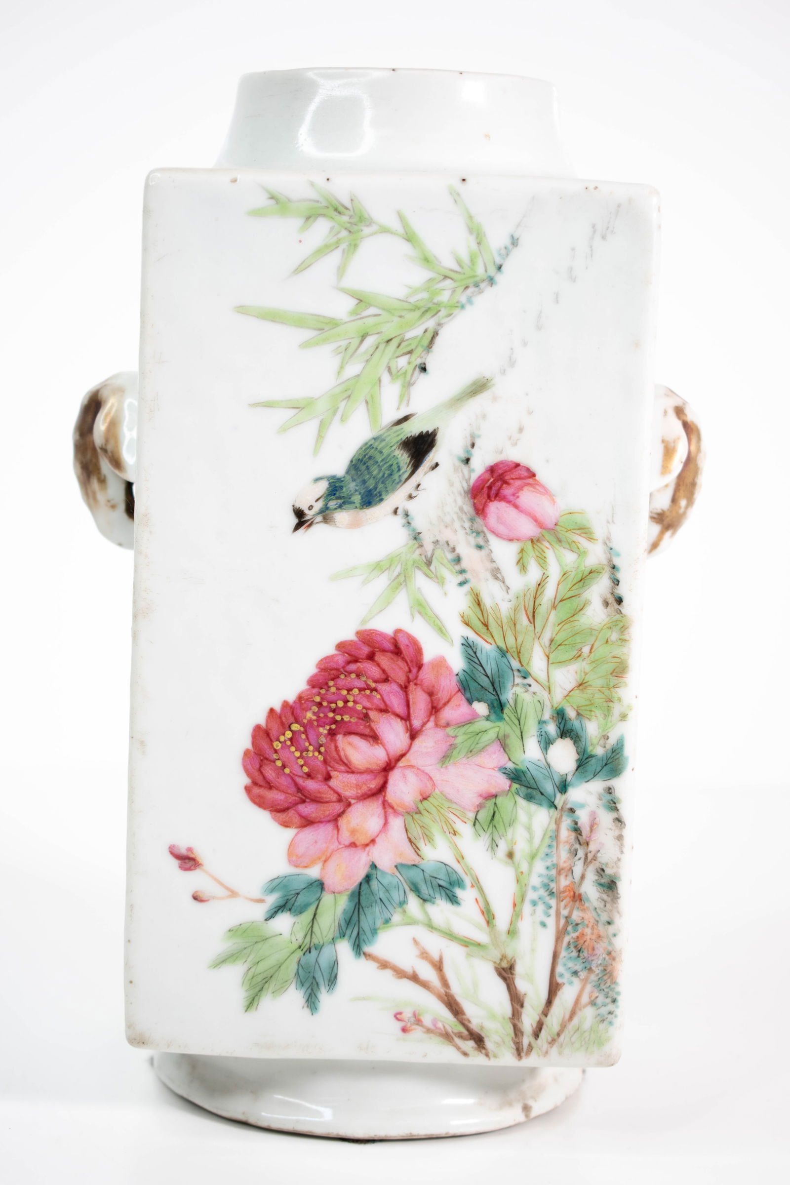 Antique Chinese Porcelain Vase: A fine and antique Chinese porcelain vase. It is nicely decorated with applied handles or decorations. Also nicely decorated with enamel paintings of birds and foliage. Circa 19th century Height 10"