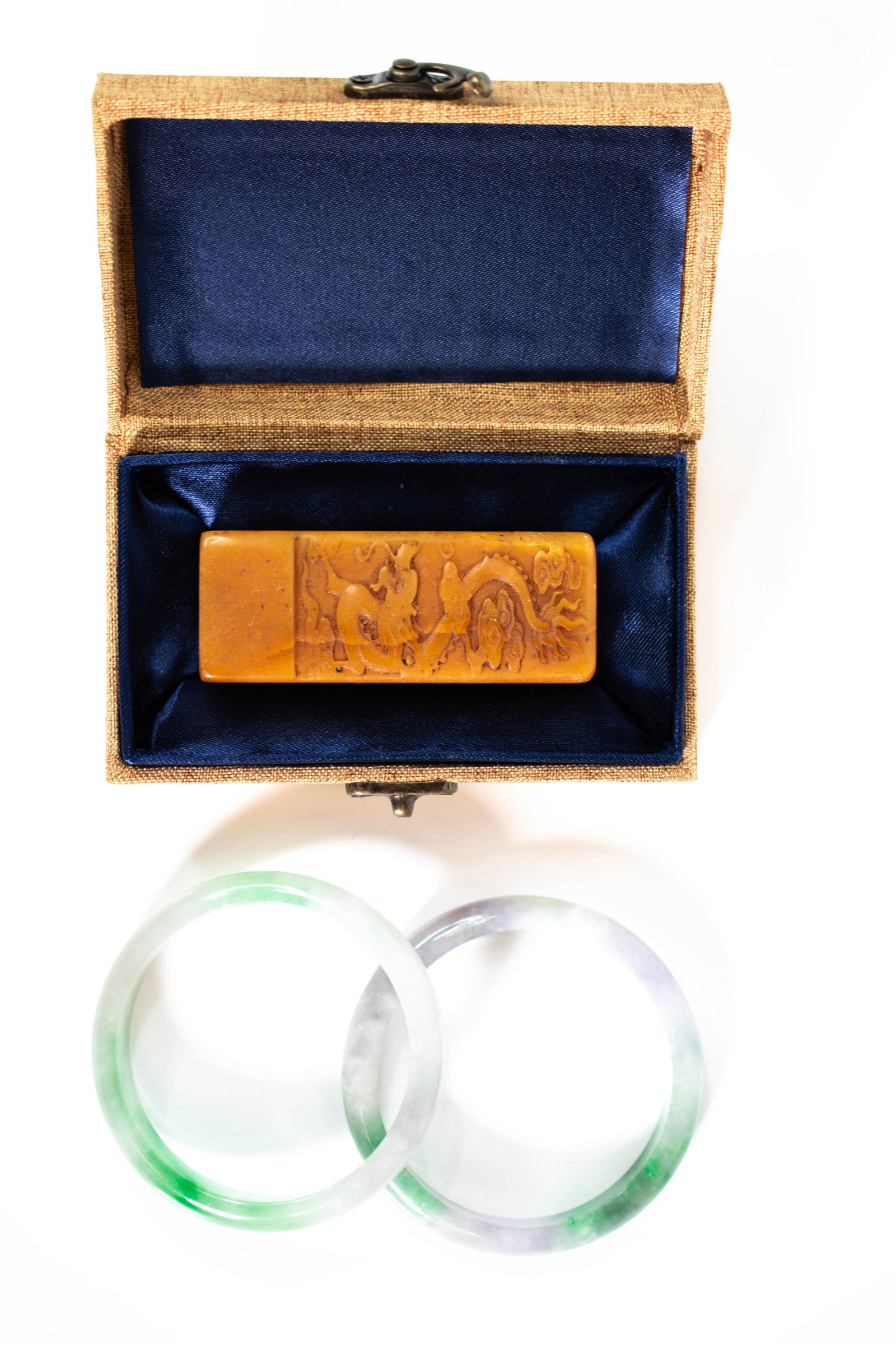 Chinese Jade Bangal Bracelets and Seal Stamp: Largest item Length 3" ****We Offer In-House Shipping***