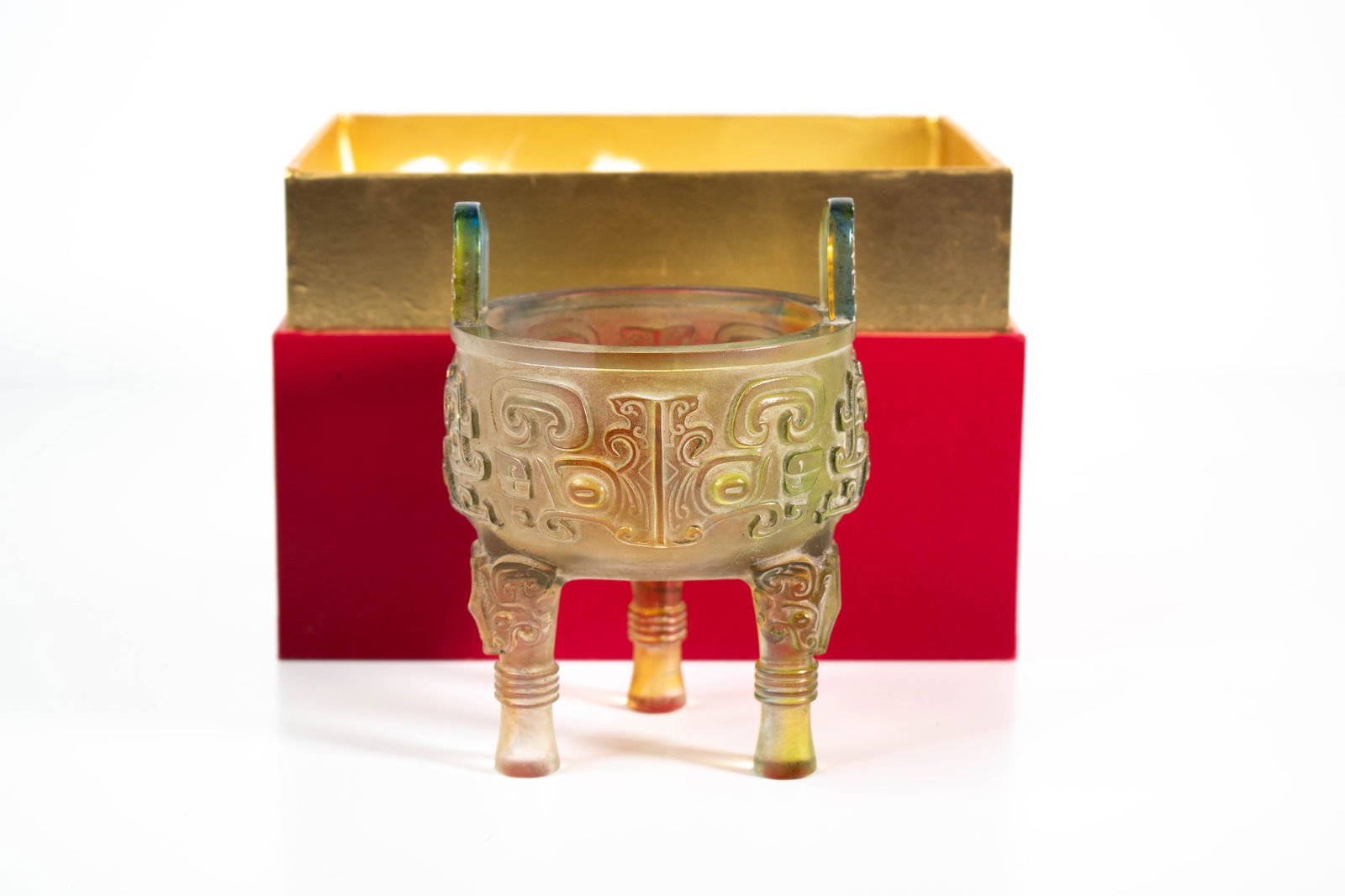 Chinese Peking Glass Iridescent Taotie Ding: A nice carved Chinese Peking glass Censer. Height 5" ****We Offer In-House Shipping***