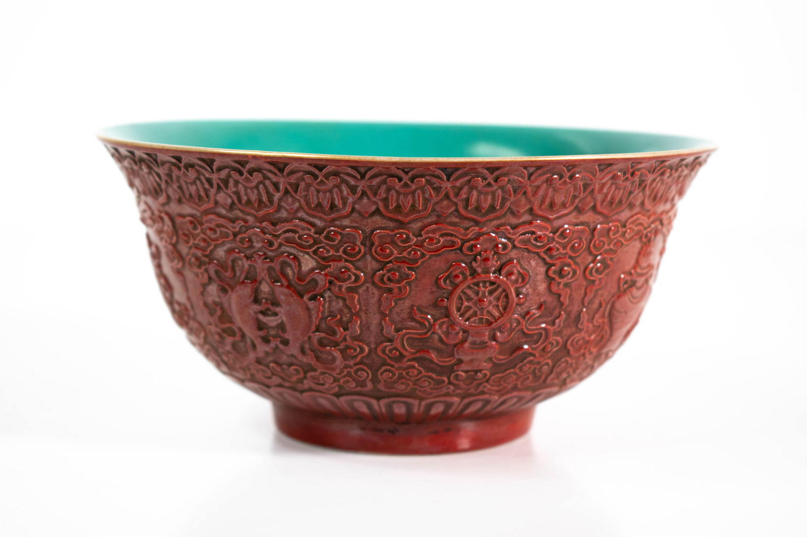 Chinese Red Lacquer Bowl Yongzheng Mark: A fine carved Cinnabar lacquered and turquoise glazed porcelain bowl. Seal mark of Yongzheng. Width 6" ****We Offer In-House Shipping***