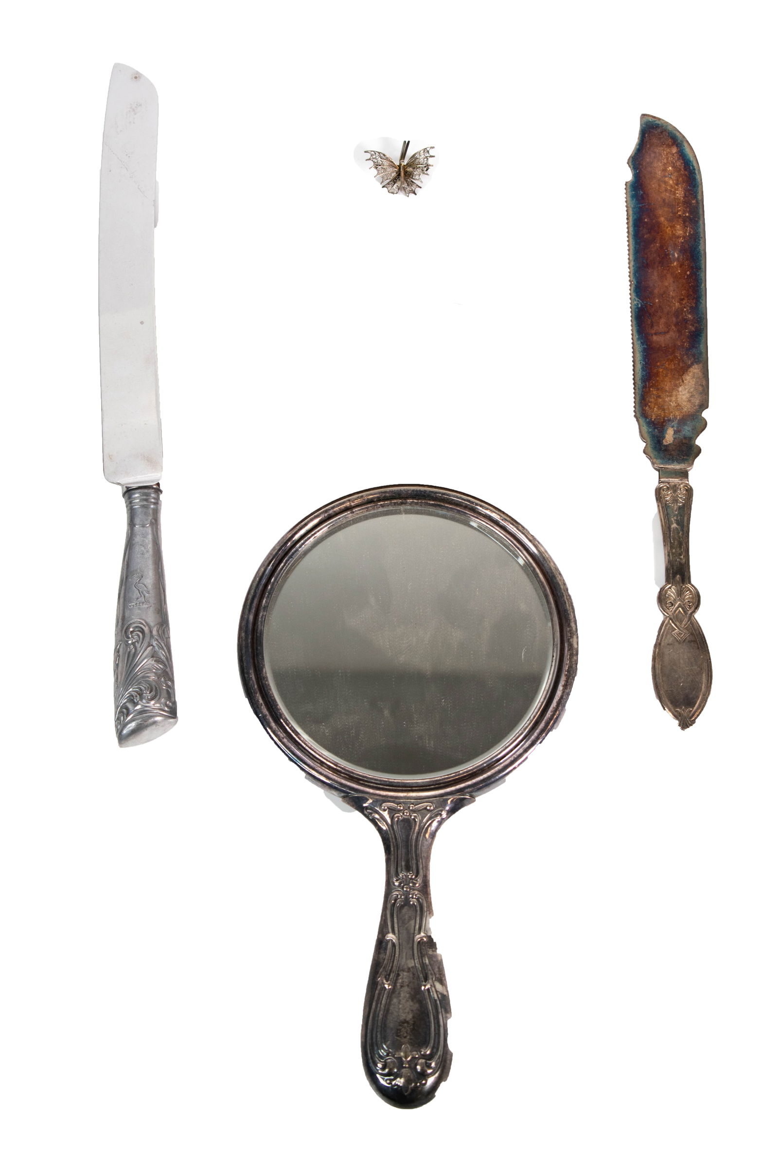 Sterling SIlver Flatware Grouping: Sterling silver grouping to include an Art Nouveau style dresser mirror, silver filigree brooch and more. ****We Offer In-House Shipping***