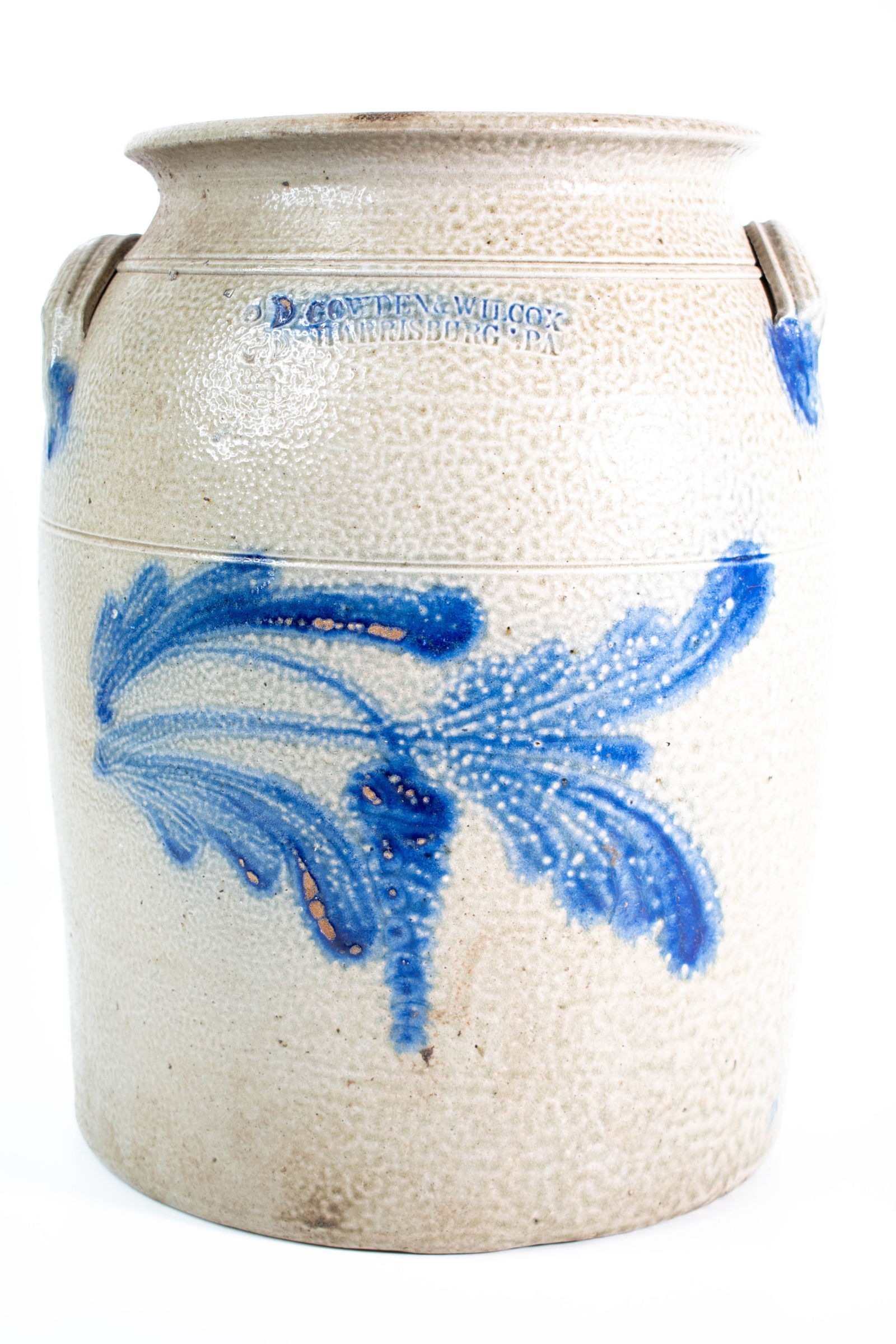Antique Blue Decorated Stoneware Crock: Cowden & Wilcox Harrisburg, PA Height 13" ****We Offer In-House Shipping***