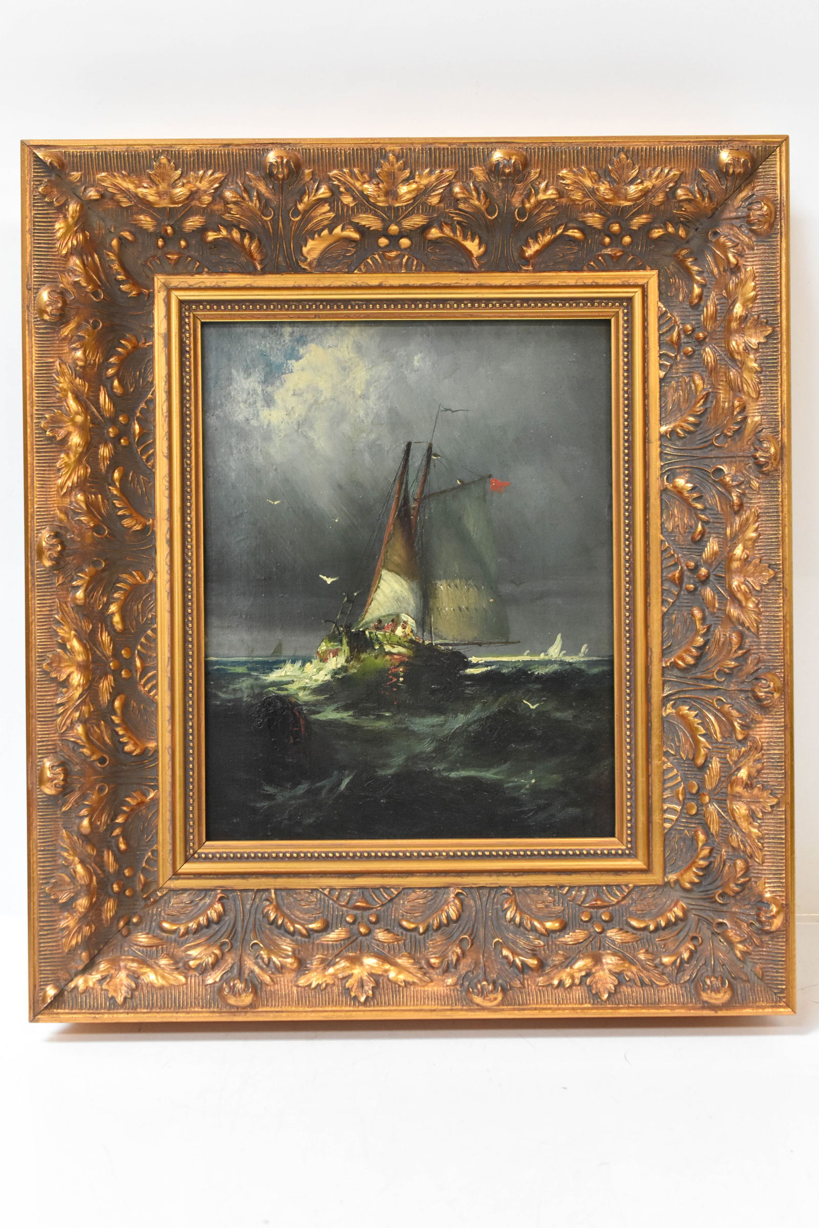 Antique Oil on Board Seascape: Antique Oil on board in an appropriate modern and ornate gilt frame. Signature not found. Circa 1890-1910. viewable measures approx. 9.5" x 7.5" Measures approx.: 13.5" x 15.5" x 2" ****We Offer