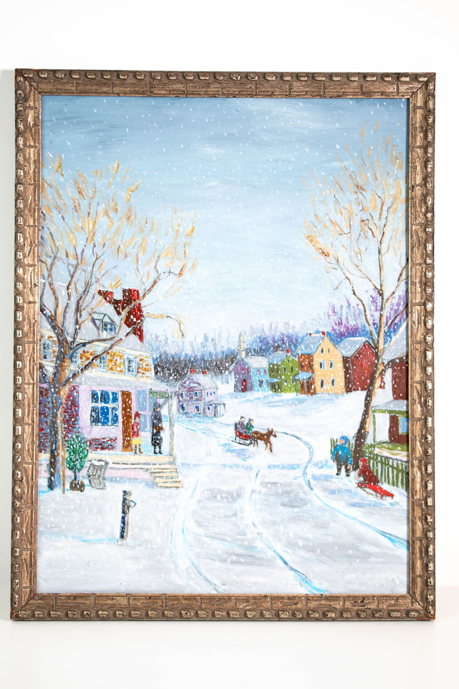 Robert Emerson Baum Snowscape Dated 1974: A fine painting by Robert "Bert" Emerson Baum, painting dated 1974. Possibly Droll Rd on the way to Steinsburg, (Milford Township, PA). Height 17" Length 13.5" ****We Offer In-House Shipping***