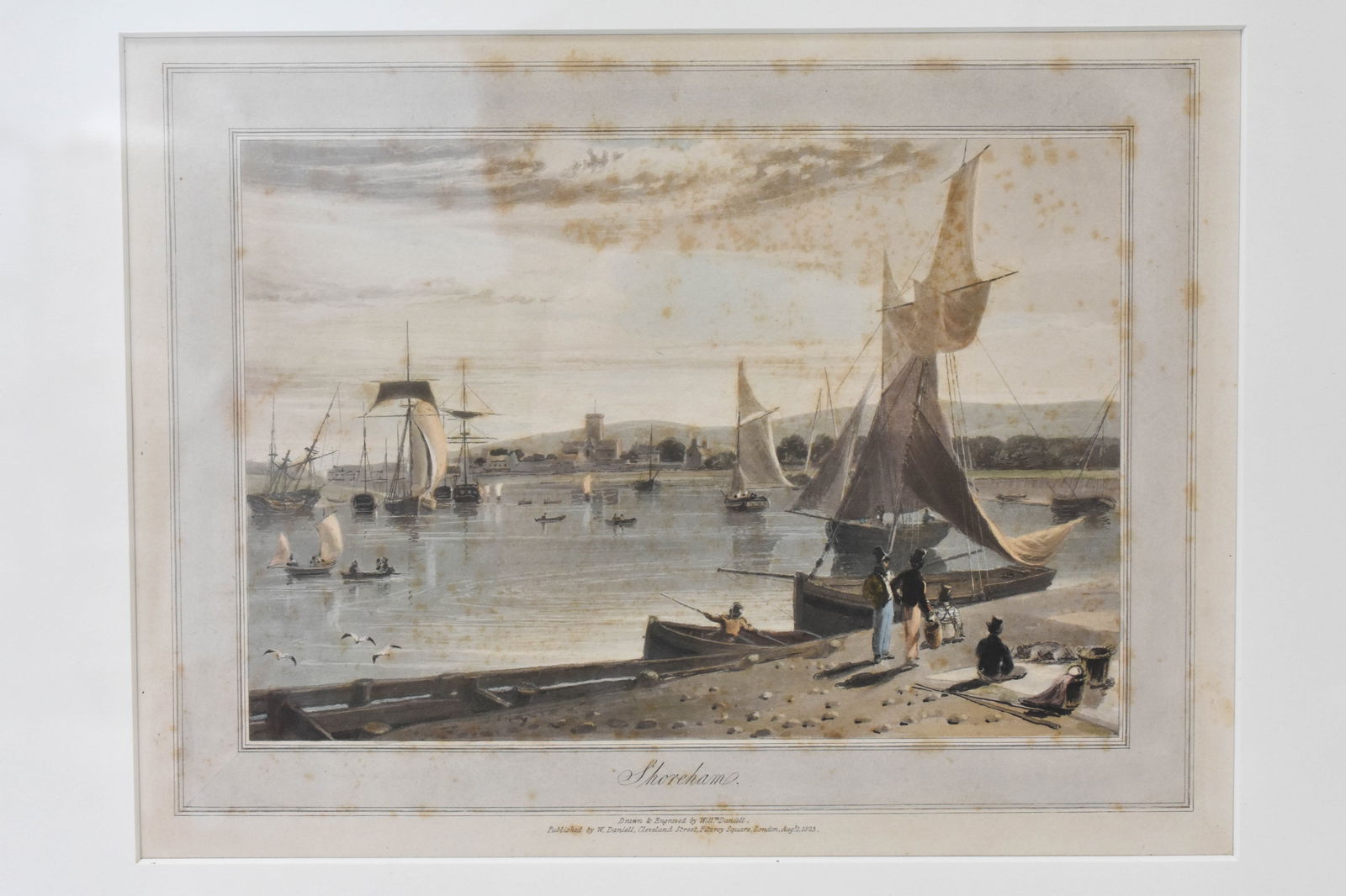 William Daniell 'Shoreham' Colored Engraving 1823: A nice antique colored etching or lithograph. Needs a cleaning, but overall shows well. Viewable measures approx. 12" x 9" Measures approx.: 17" x 21" x 1.25" ****We Offer In-House Shipping***