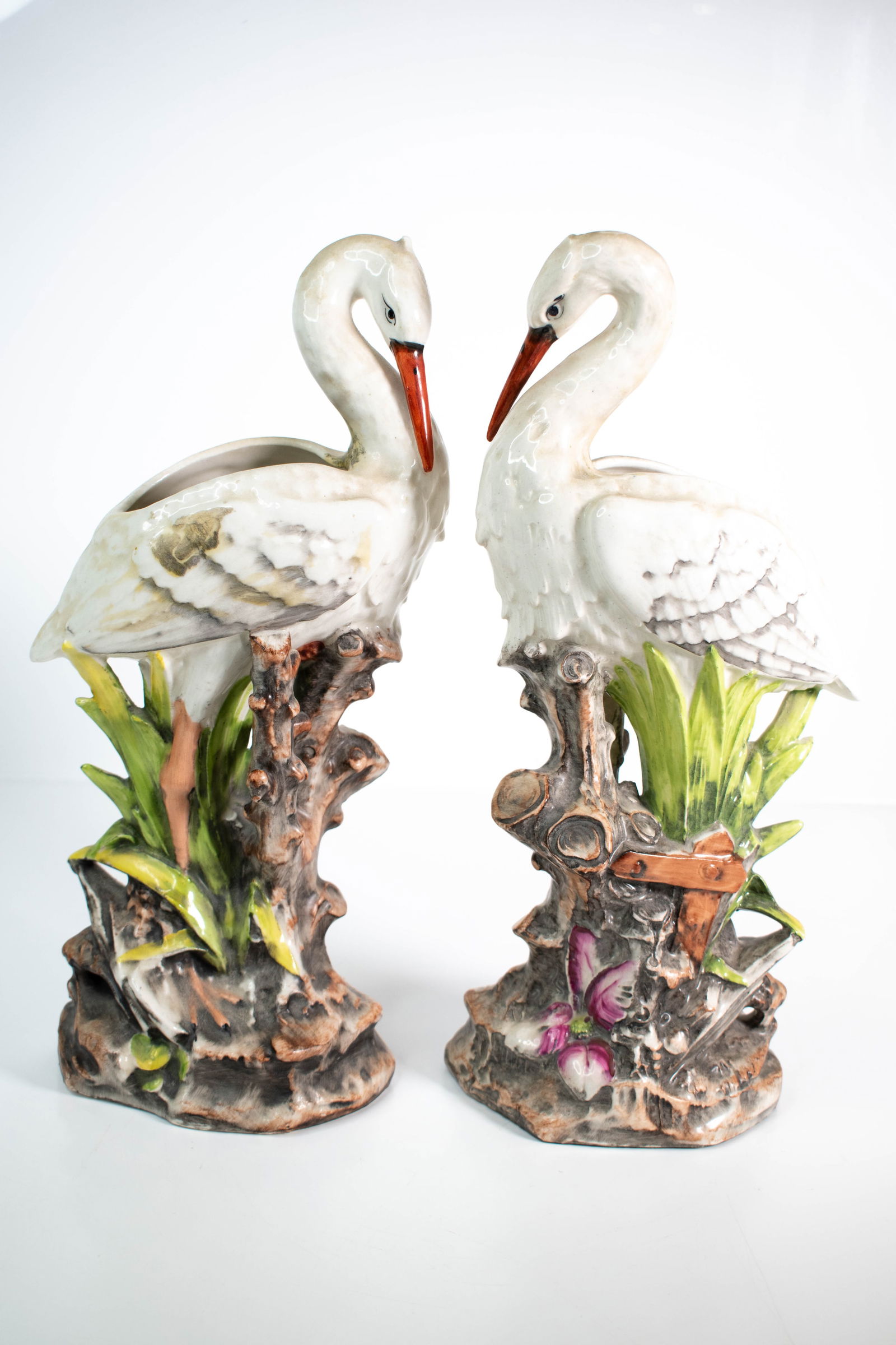 Antique Majolica Porcelain Stork Spill Vases: Late 19th century to early 20th century. ****We Offer In-House Shipping*** Approximately 13.5"H