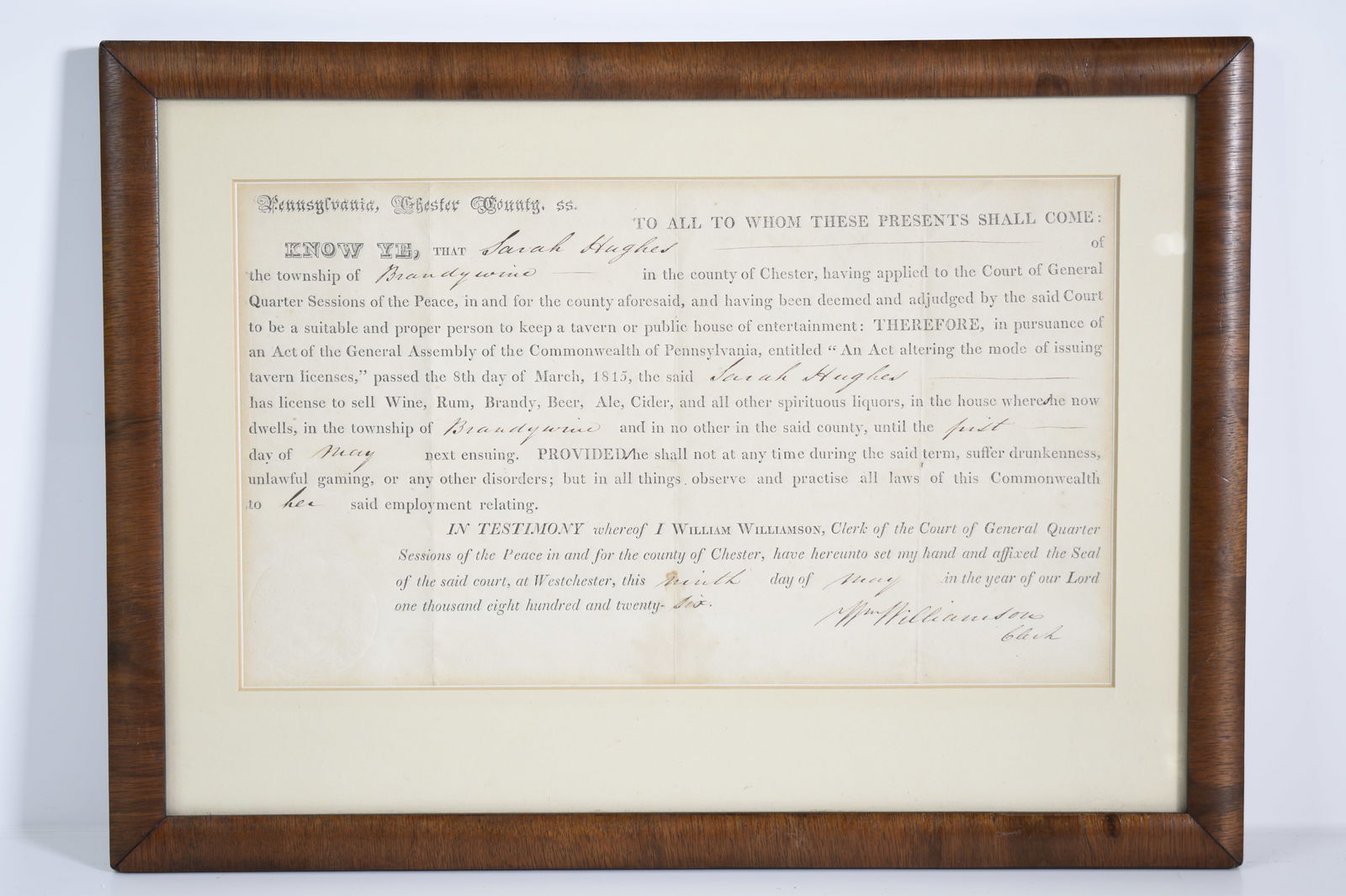 Brandywine Chester Springs 1815 Spirits License: A 1815 License to sell whiskey, rum and all spirituous beverages for Sarah Hughes Height 11" Length 15" ****We Offer In-House Shipping***