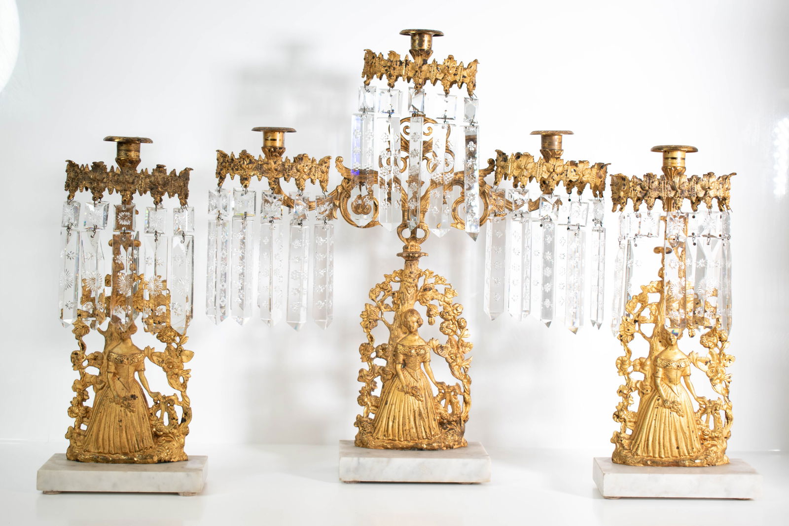 Antique Gilt Iron and Marble Girandoles Set: a fine and complete matching set. Tallest item 19.5" ****We Offer In-House Shipping***