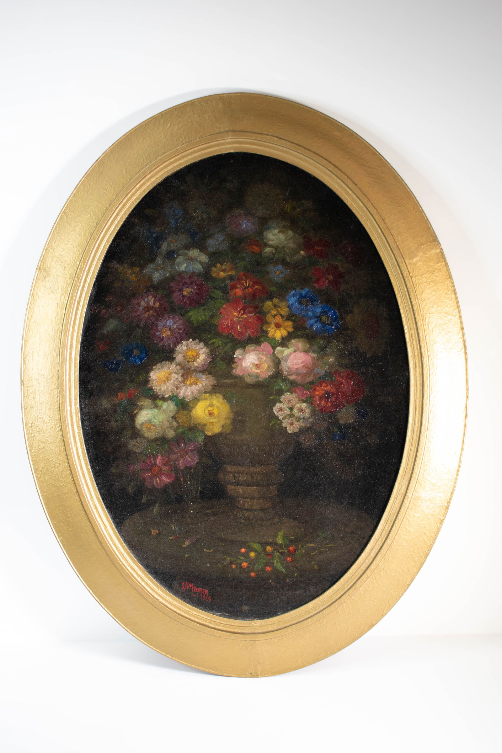 Charles Alfred Meurer American 1865-1955: A fine still life in an oval gilt frame appropriate for the period. Signed and dated 1924. Well listed artist. Height 34" Length 26.5 ****We Offer In-House Shipping***