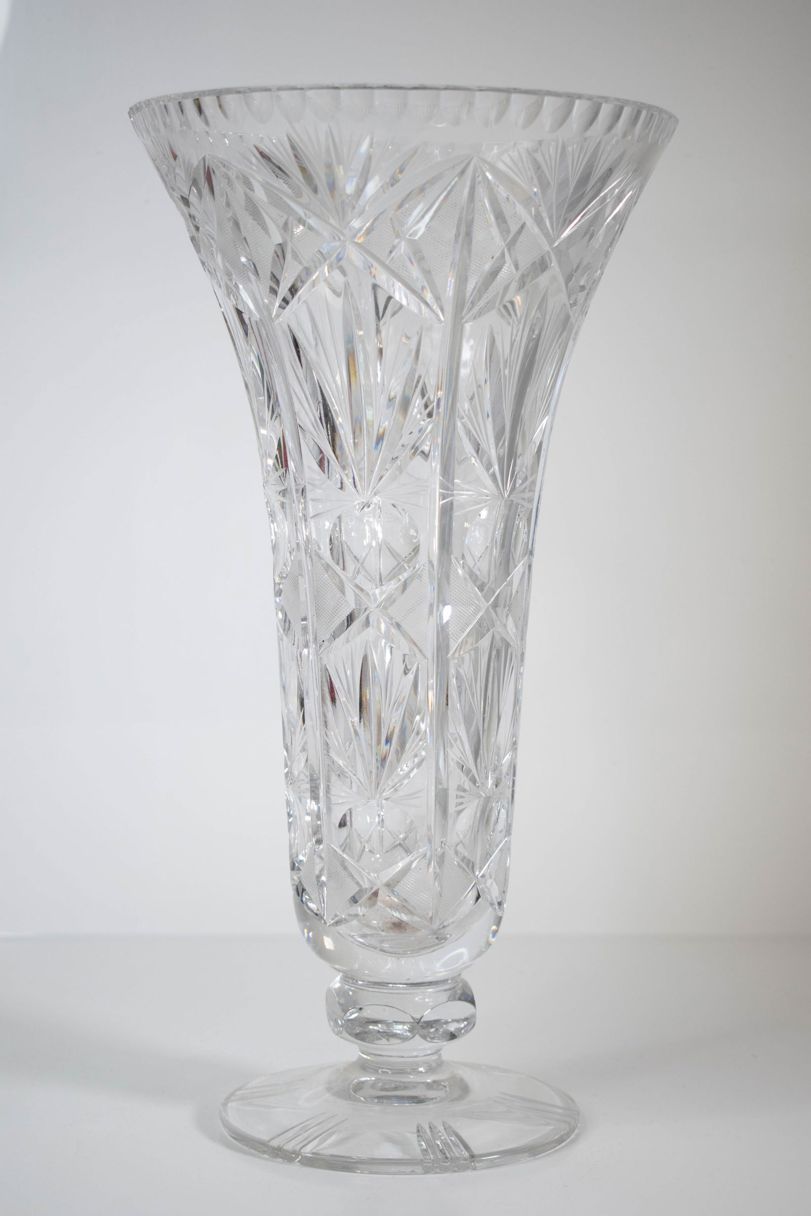 Dorflinger Brilliant Period Cut Glass Trumpet Vase: Height 16.5" The vase exhibits a fracture across the bottom structure ****We Offer In-House Shipping***