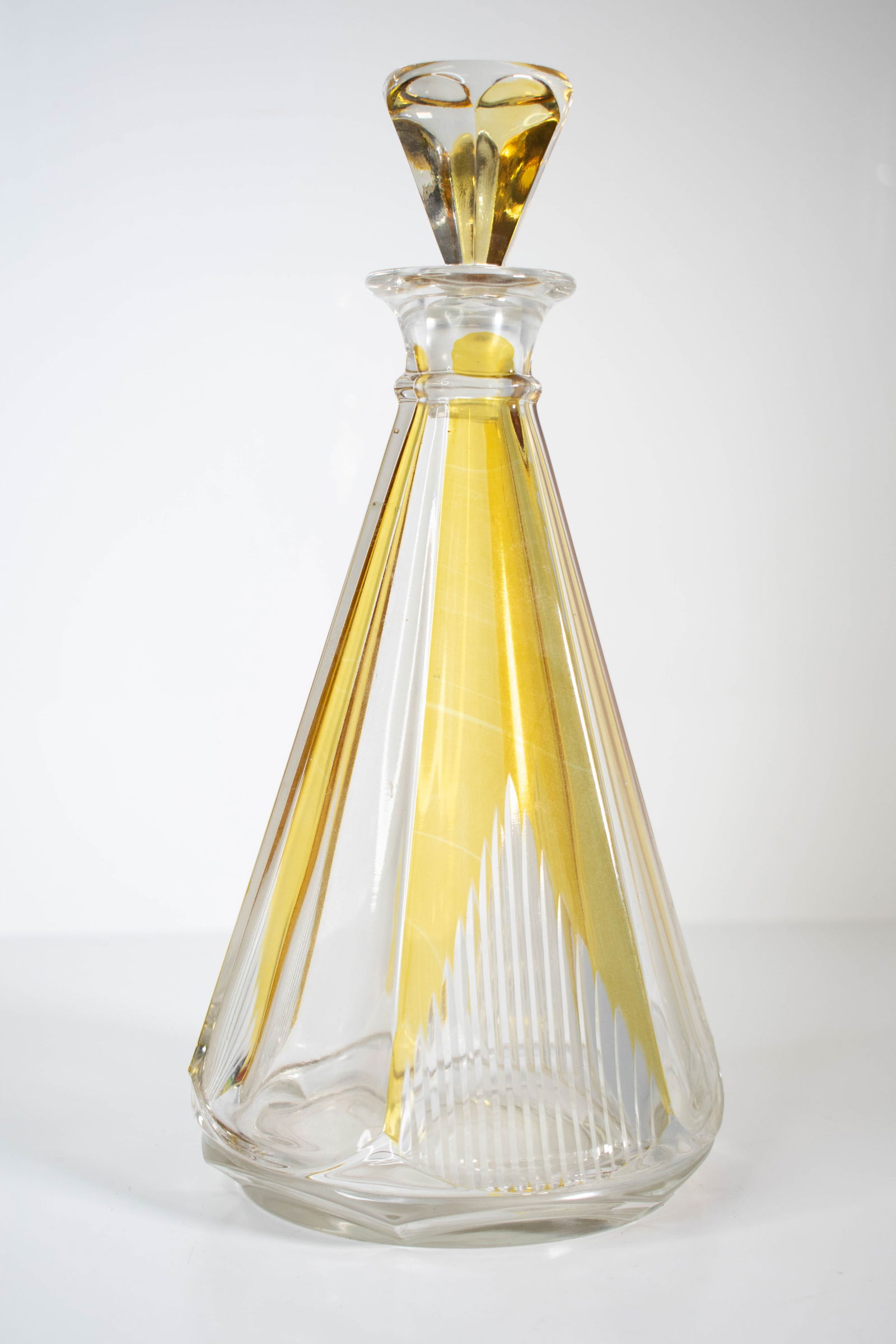 Moser Style Modernist Art Glass Decanter: Complete with a stopper and gold gilt enameling or cut to clear. Height 12" ****We Offer In-House Shipping***